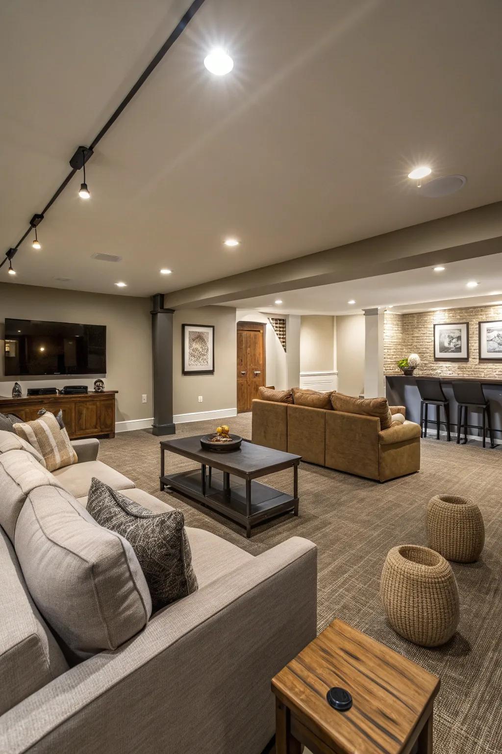 Fitted lights merge effortlessly with the ceiling, maintaining a bright and clutter-free basement.