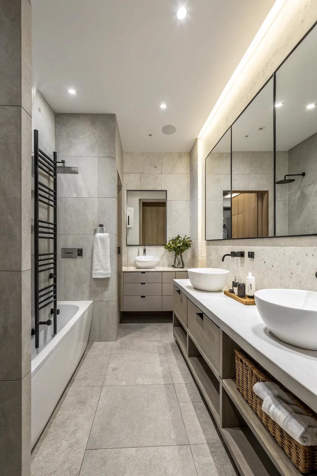 A contemporary bathroom displaying a serene neutral color scheme.