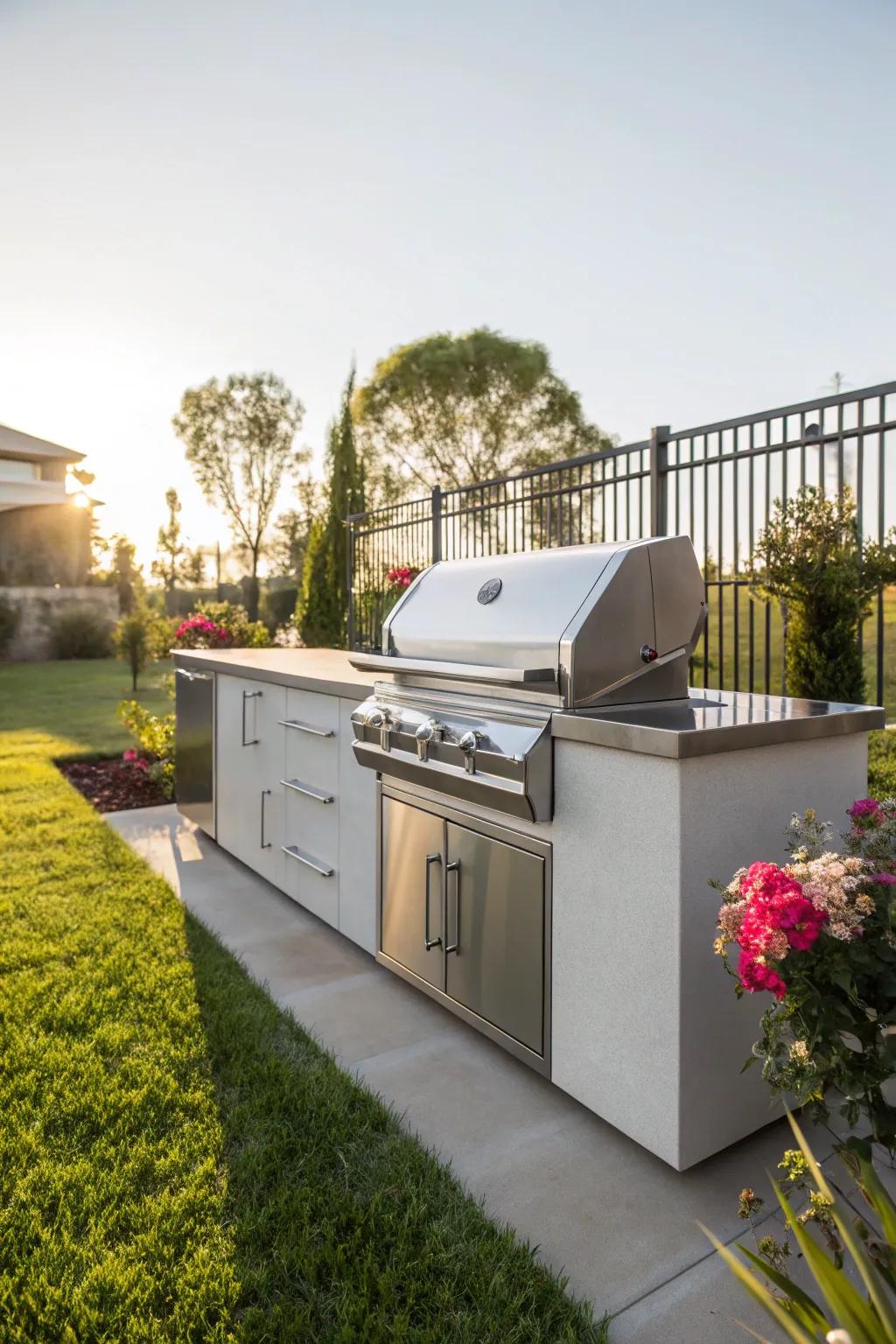 A stainless steel BBQ island that glistens under the sun’s rays.