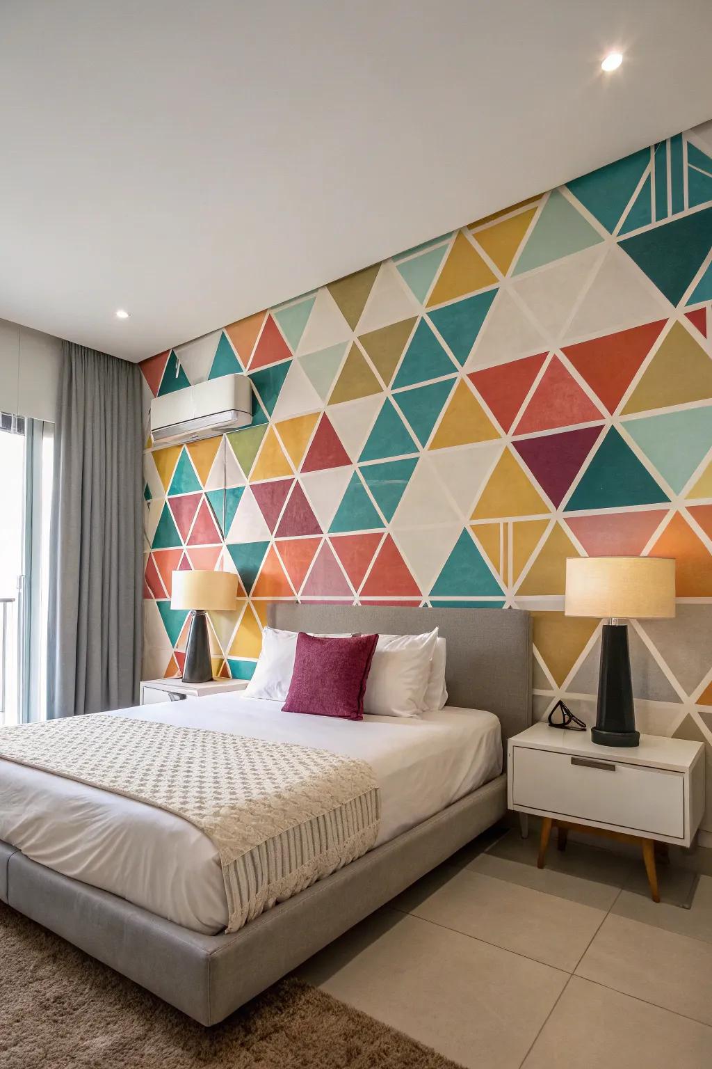 Geometric patterns infuse a lively and artistic ambiance into your bedroom.