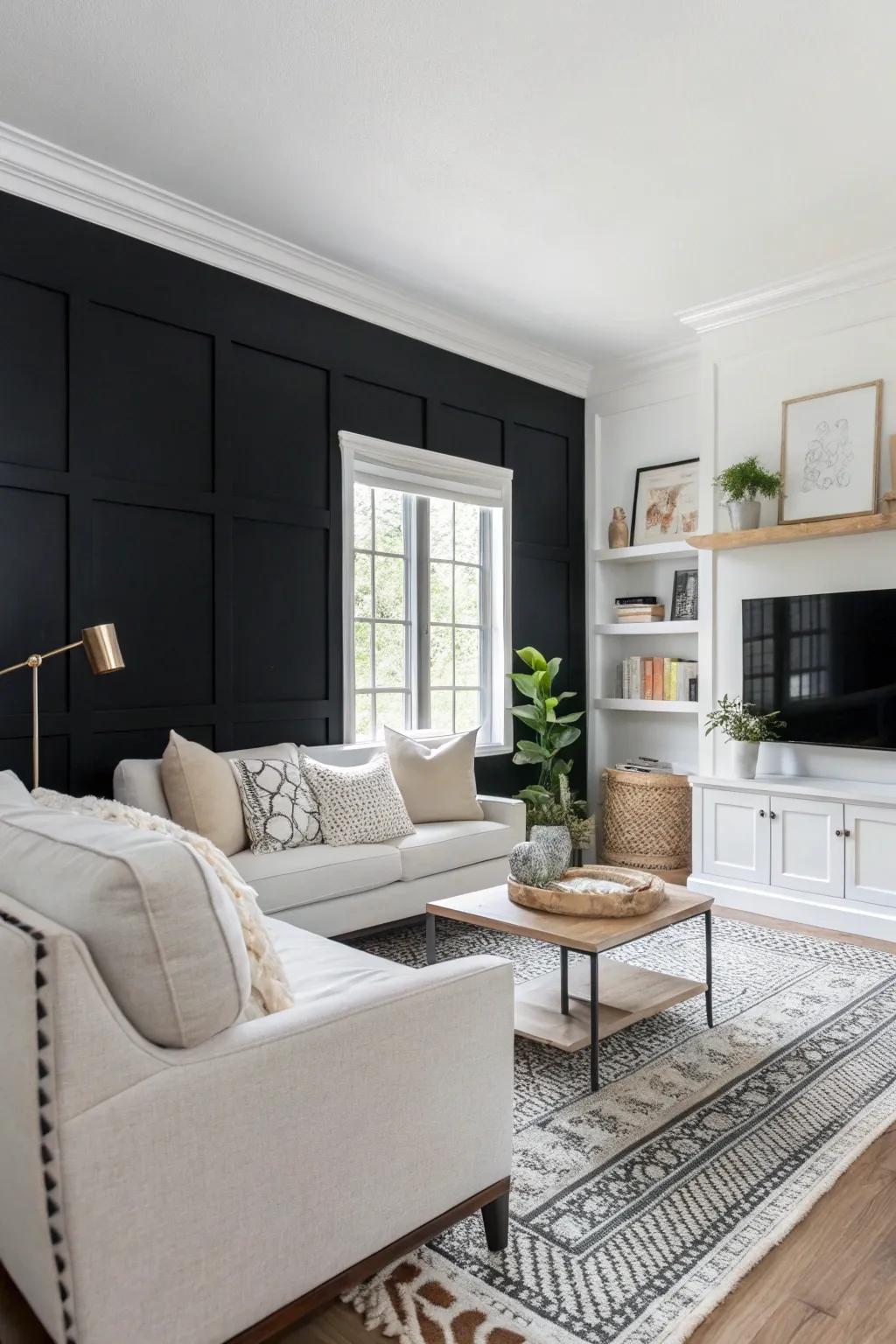 A chic dark-toned accent wall enriches the atmosphere of this modern living area.
