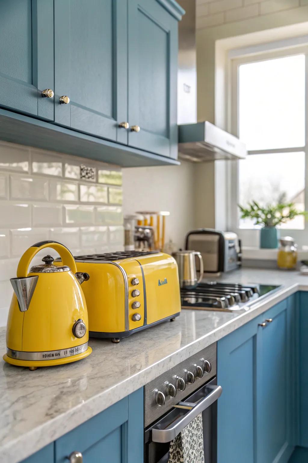 Luminous yellow appliances contribute a cheerful vibe to a contemporary kitchen.
