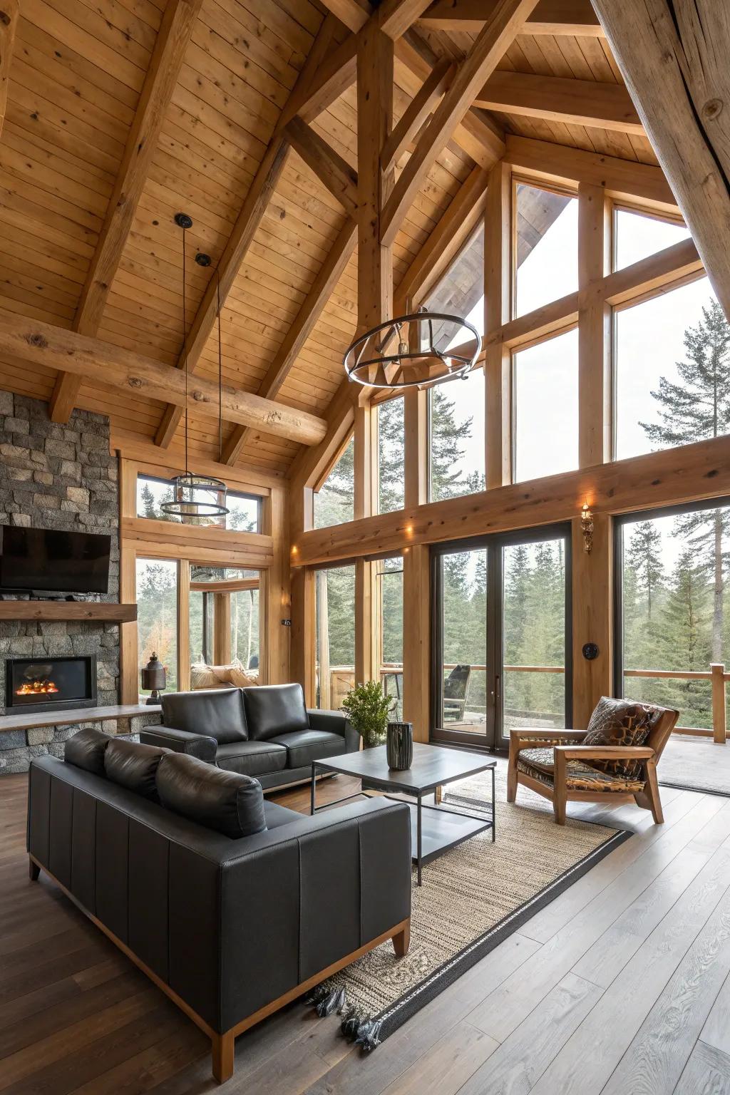 Exposed beams give a modern cabin interior a touch of rustic charm.
