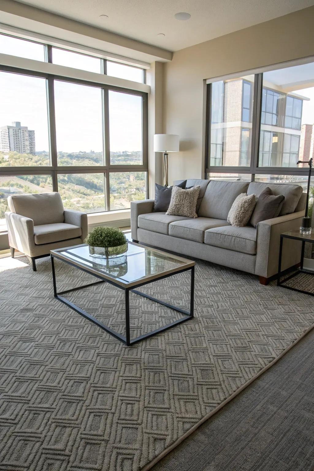 Living room featuring a neutral gray and beige carpet enhancing the contemporary décor