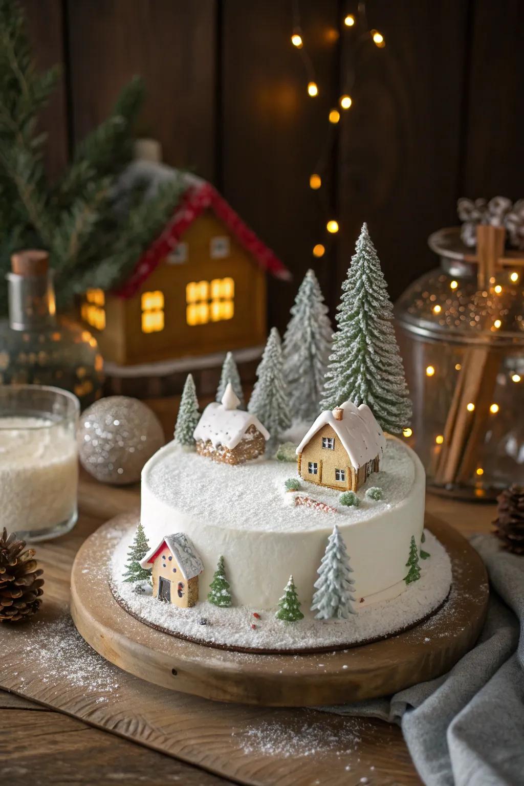 Christmas cake featuring a miniature winter scene