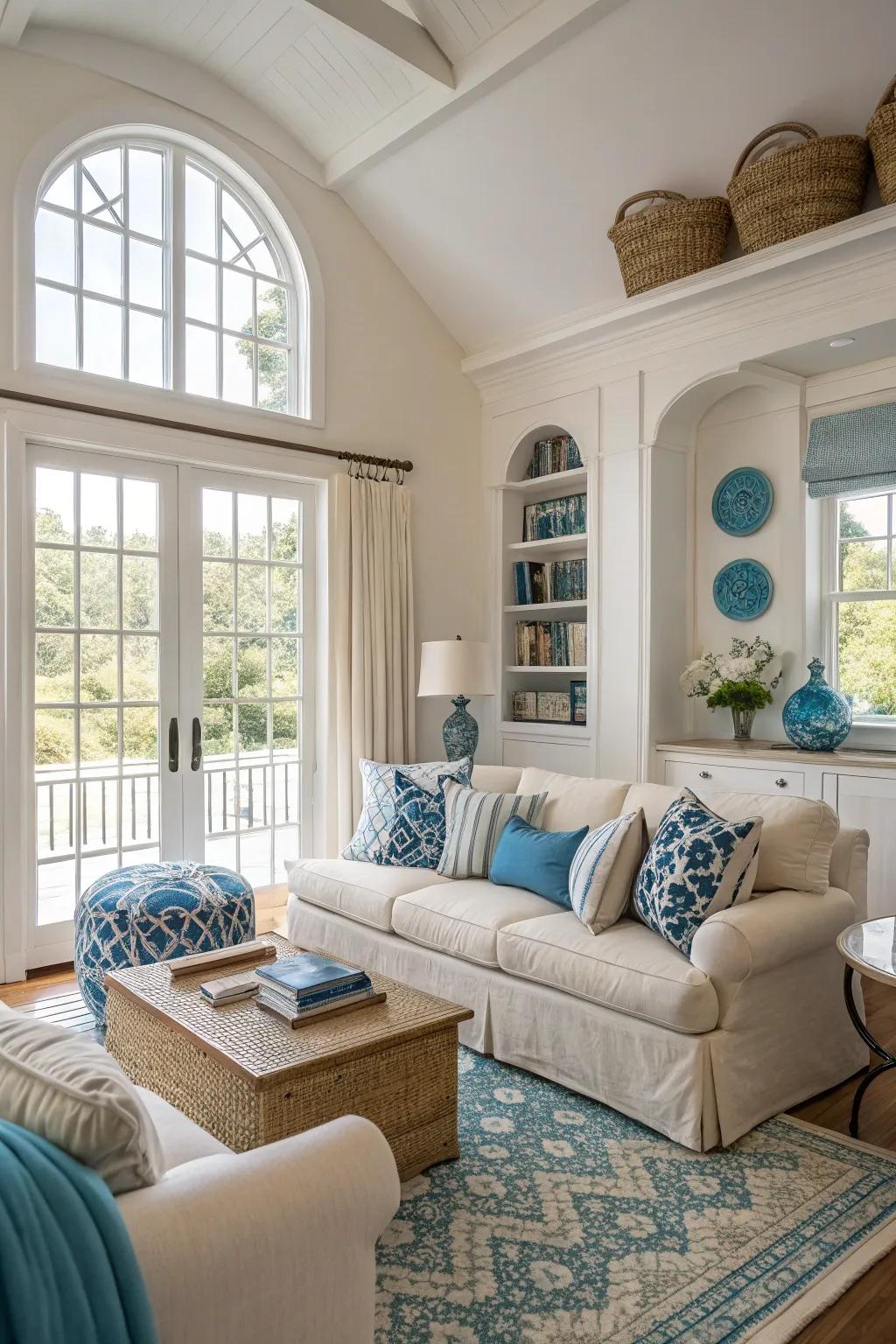 A delicate and understated seaside living area palette.