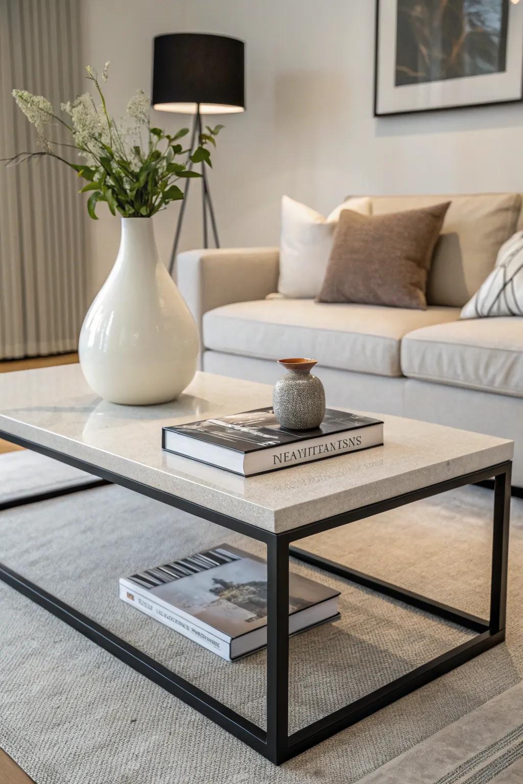 Pure simplicity defines this minimalist coffee table arrangement.