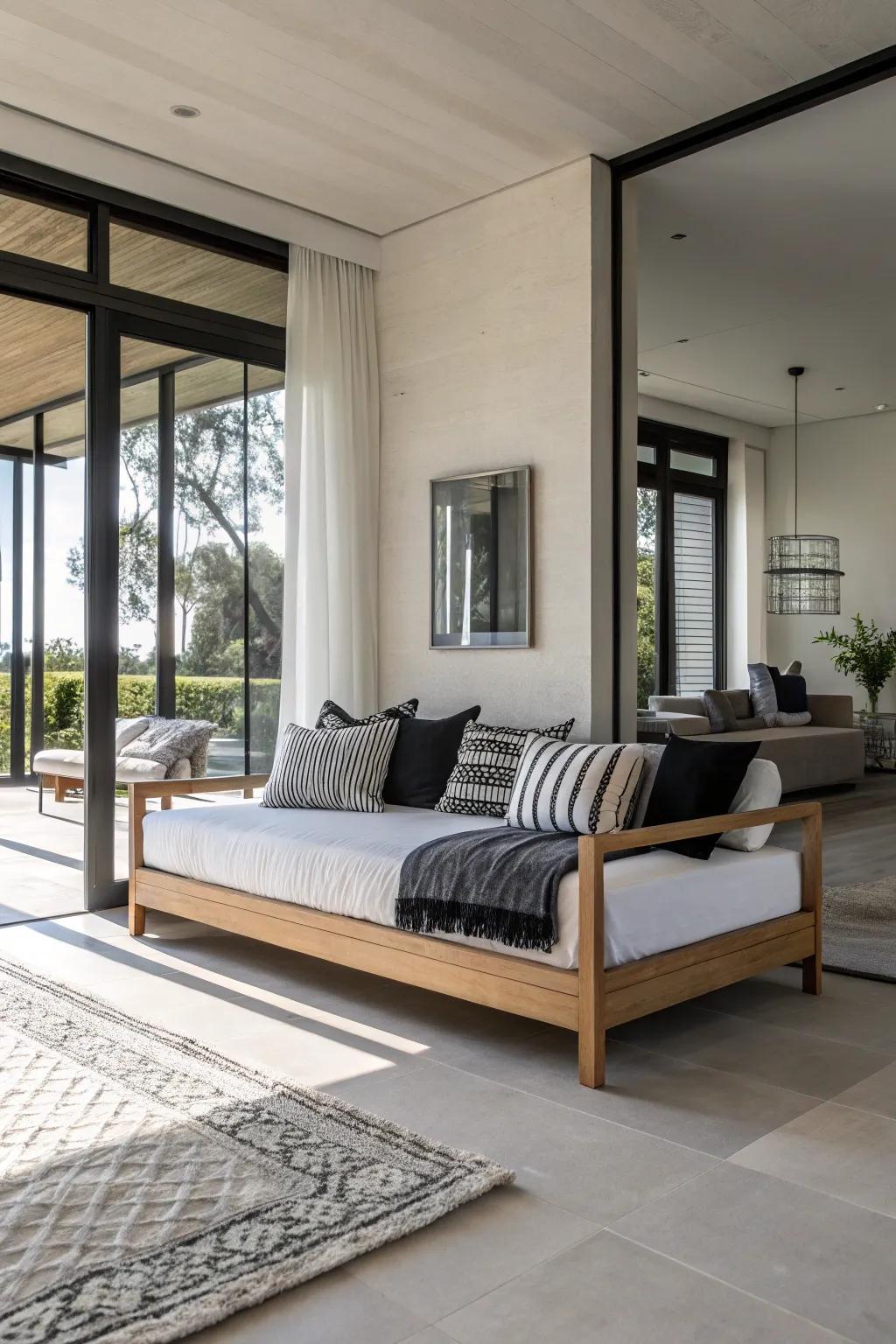 A minimalist daybed displaying monochrome bedding for a polished, modern appeal.