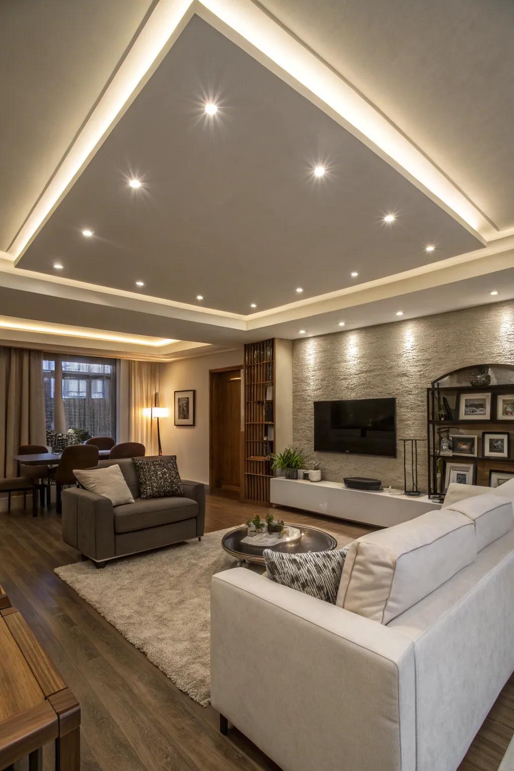 Integrated spotlights merge effortlessly into a contemporary ceiling design.