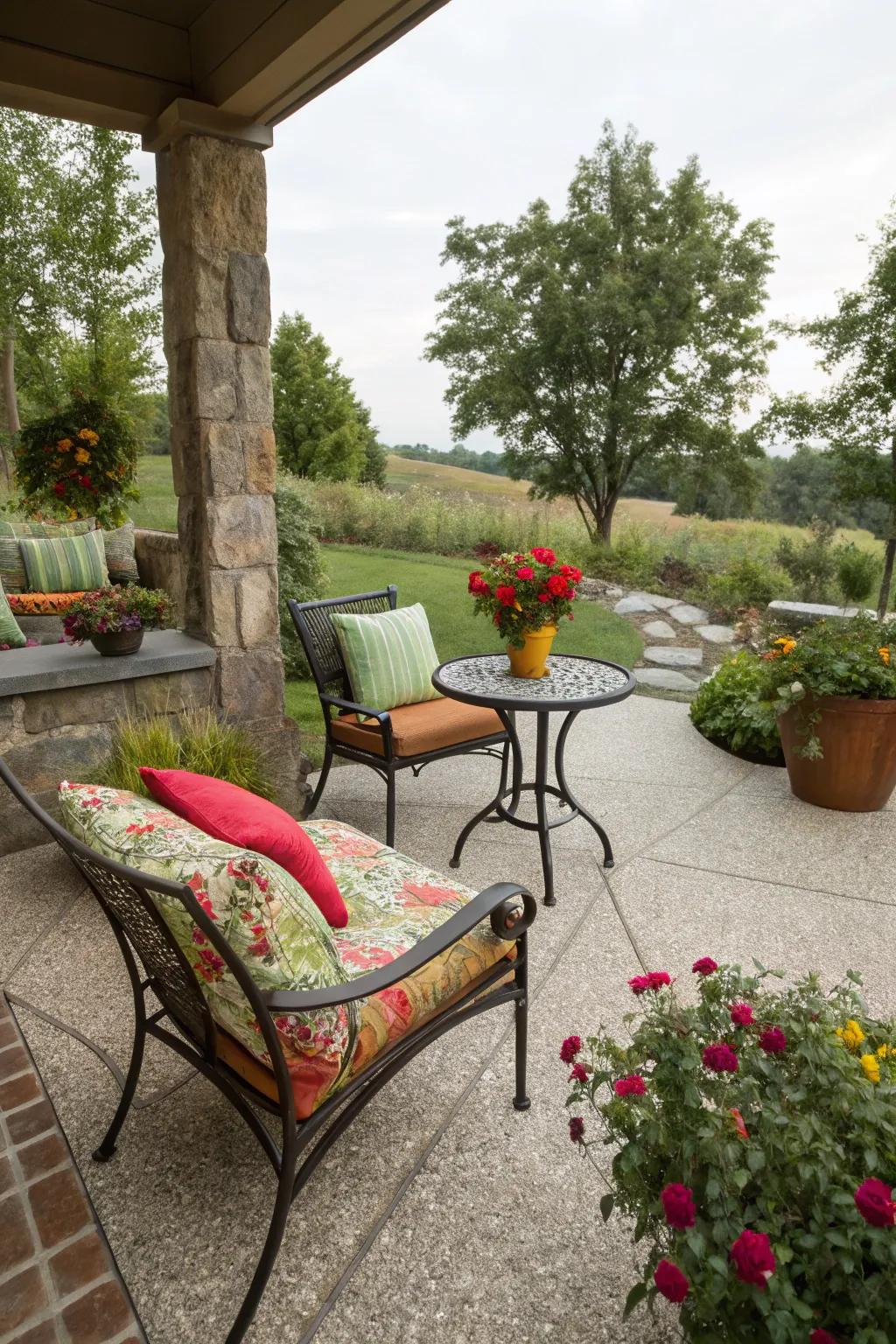 A welcoming corner featuring surface-treated stone flooring and vibrant cushions.