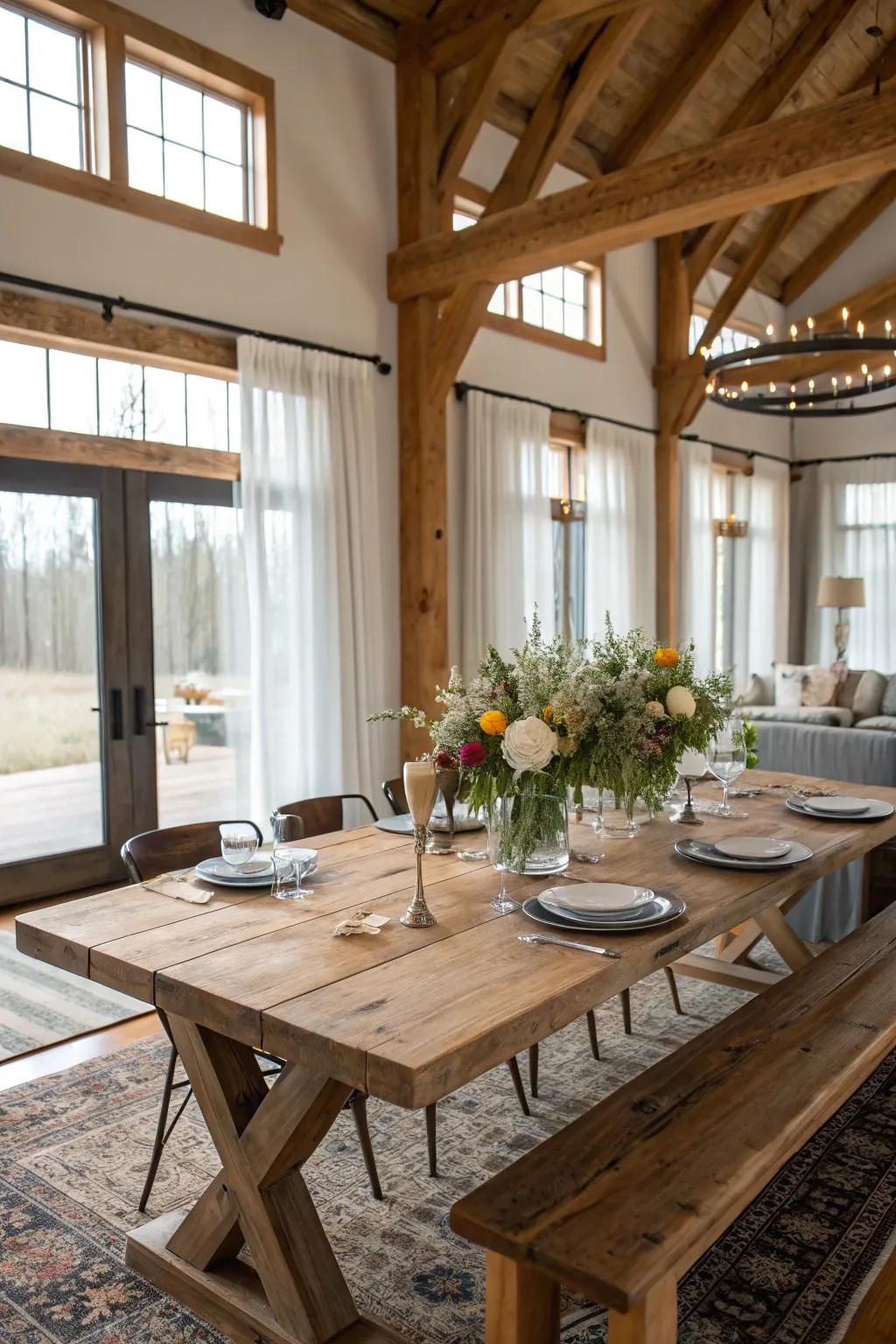 A timber table with rustic character is the foundation of your farmhouse dining space.