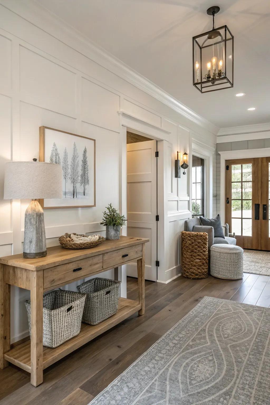 Soothing hues establish a peaceful environment in this farmhouse entryway.