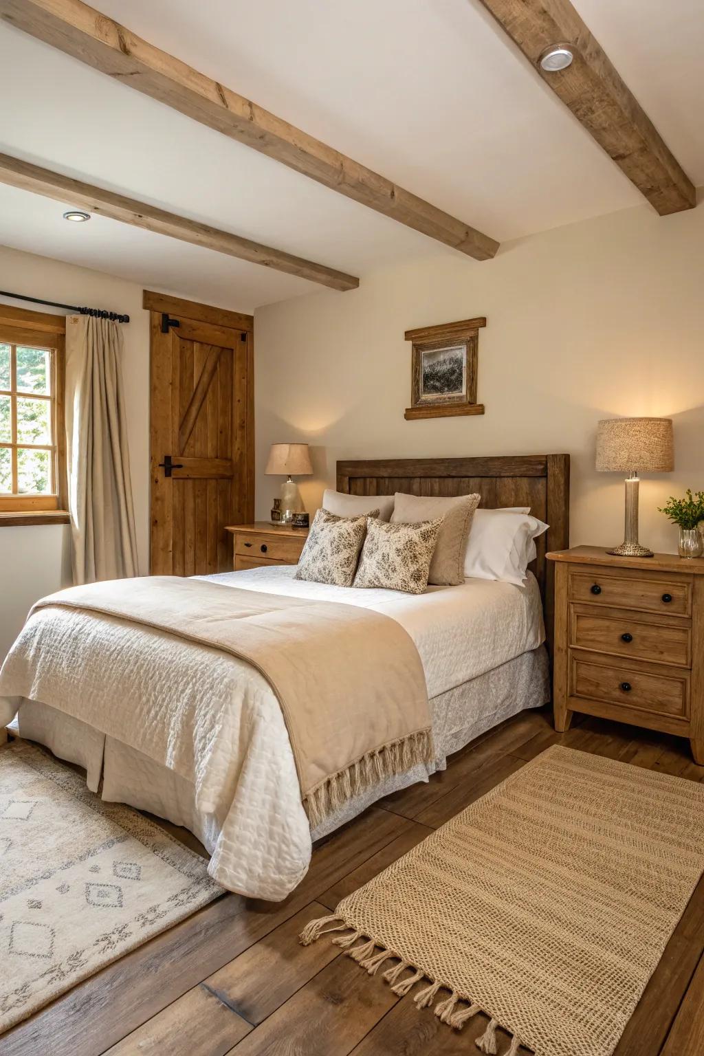 A peaceful guest bedroom showcases a neutral color scheme and rustic accents.