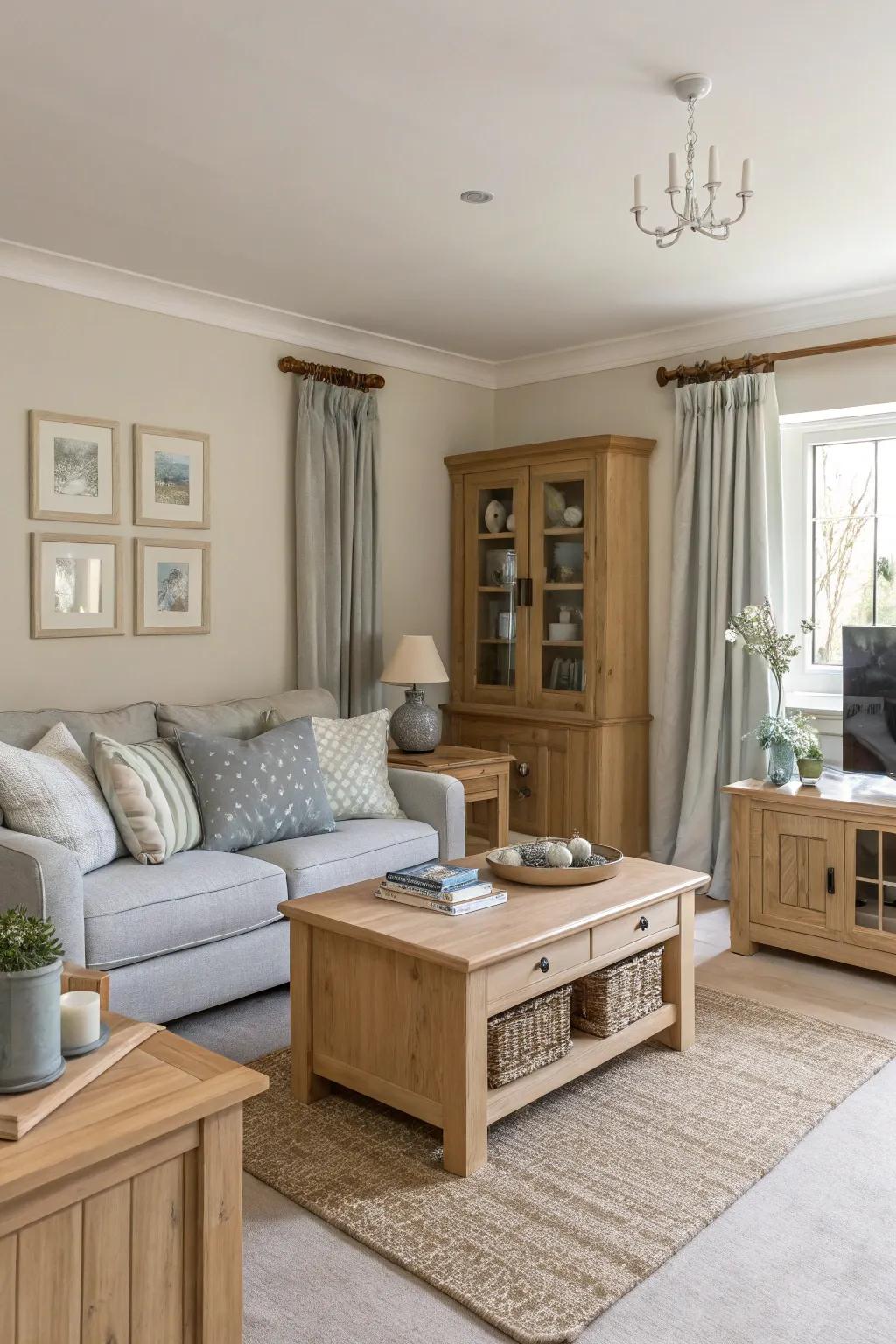 A serene living room showcases a neutral color palette, establishing the ideal modern farmhouse atmosphere.