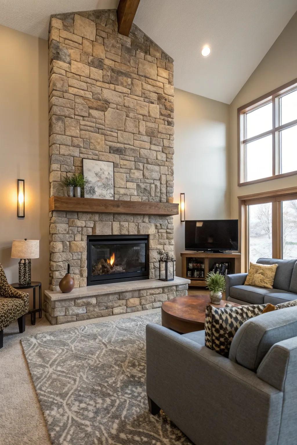 An ageless stone accent wall imparts sophistication and warmth.