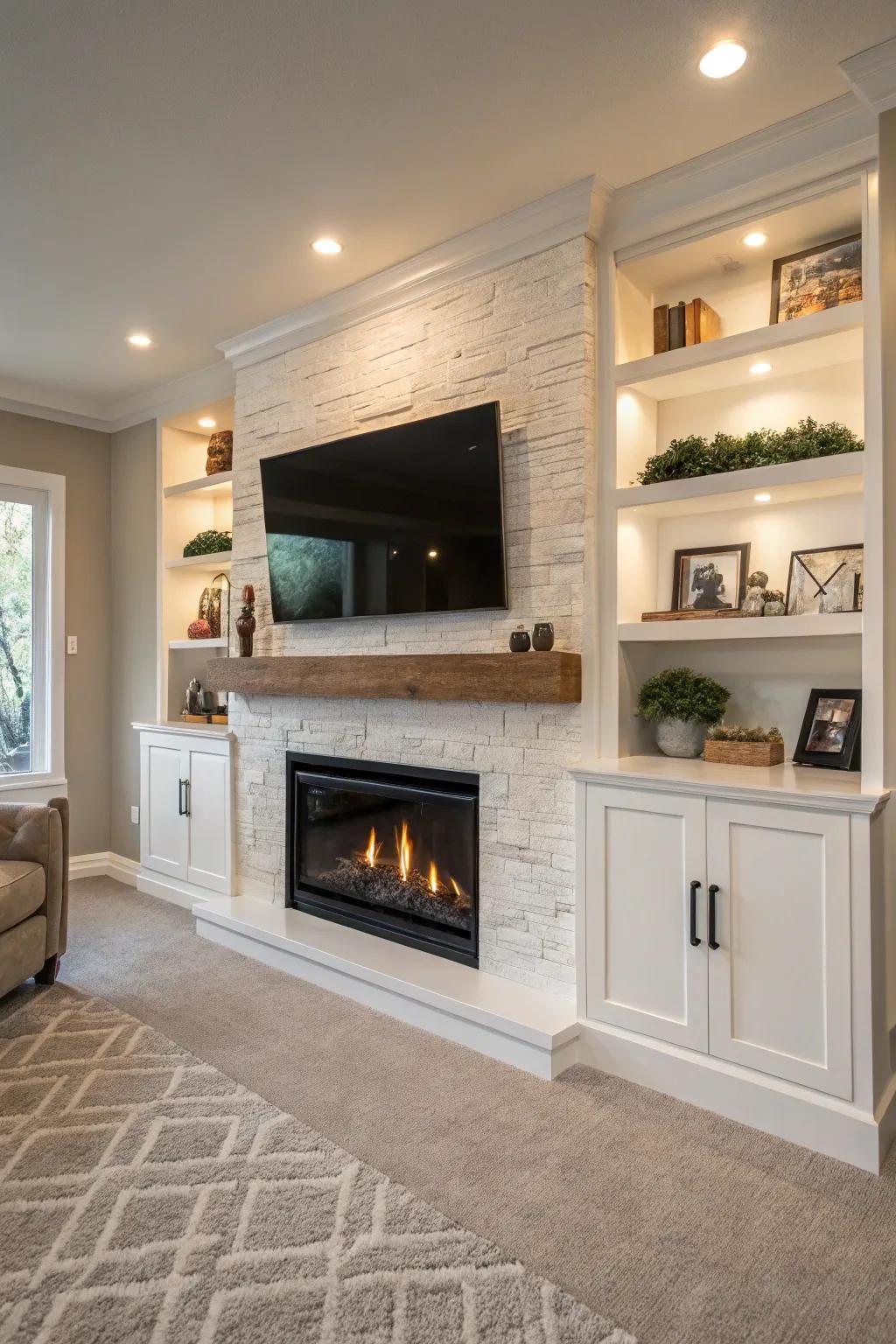 A refined arrangement featuring floating shelves surrounding a fireplace and TV.