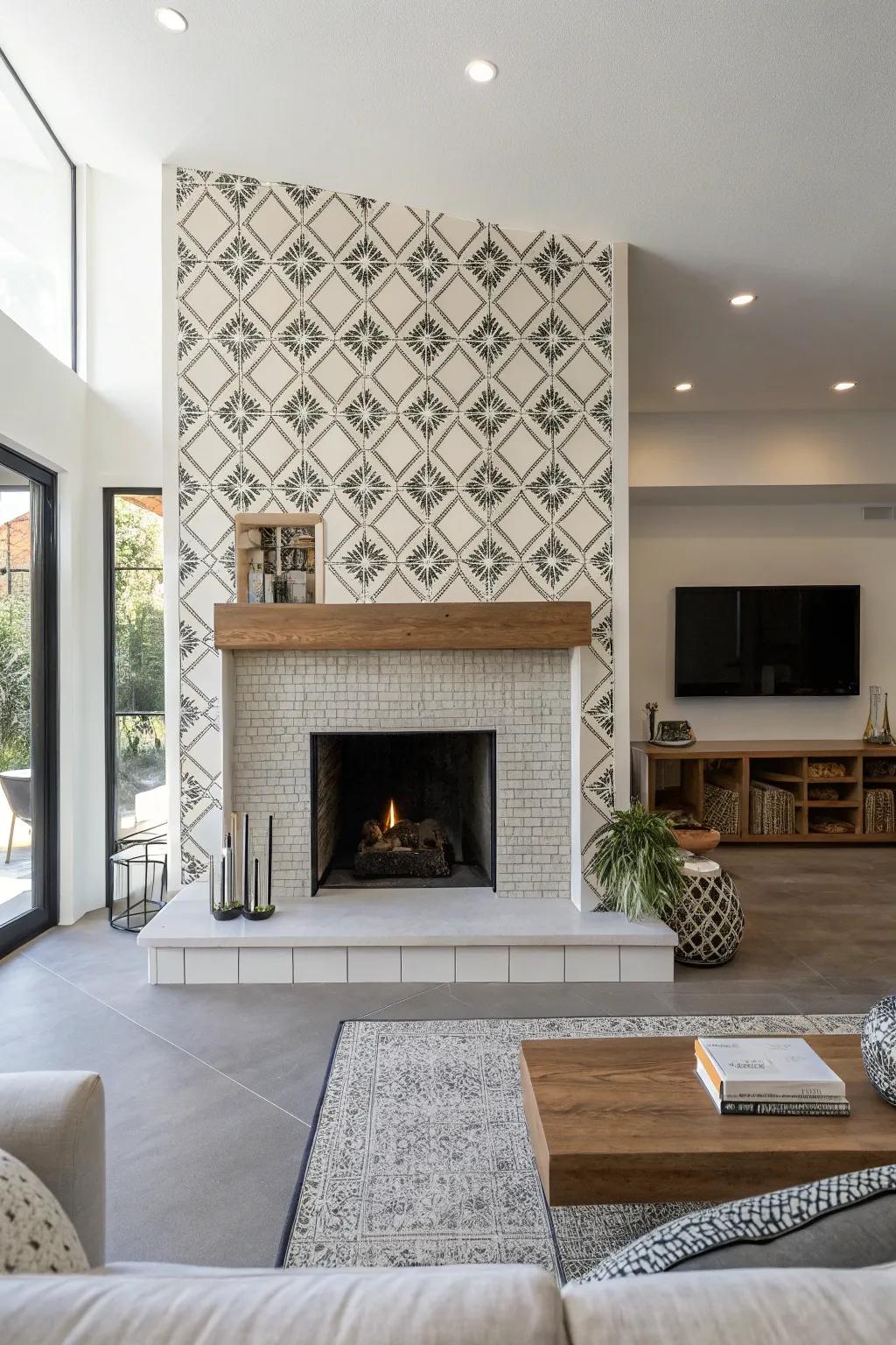 Minimalist fireplace showcasing a shape tile design.