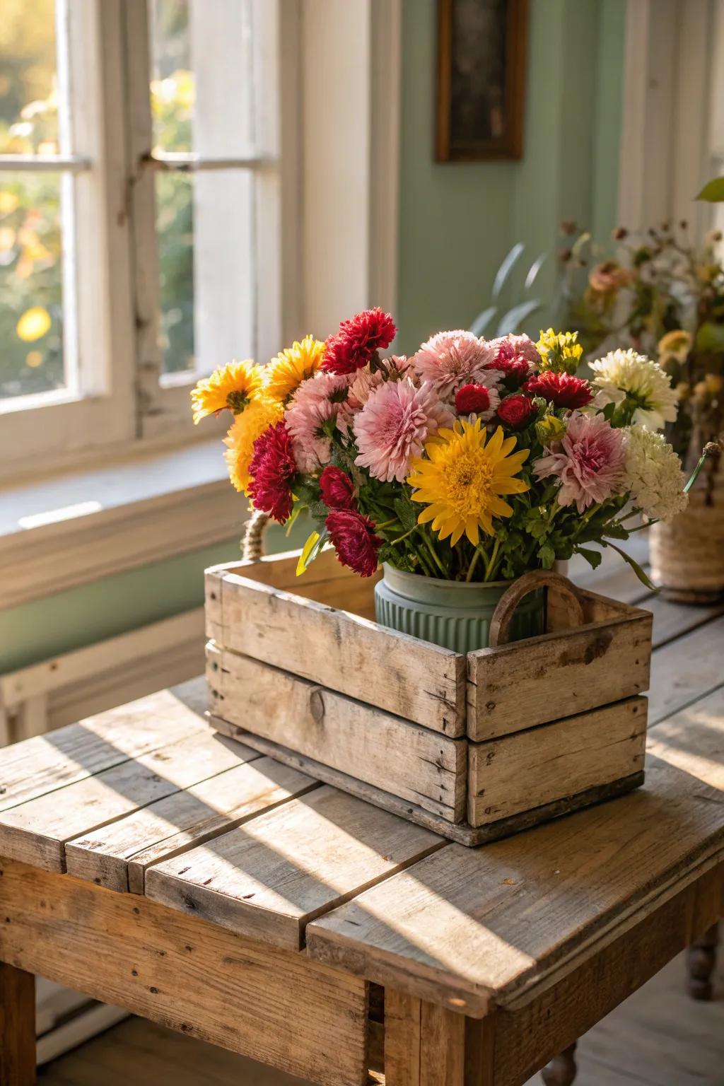 A wooden container reimagined as an unconventional base for a lively floral display.