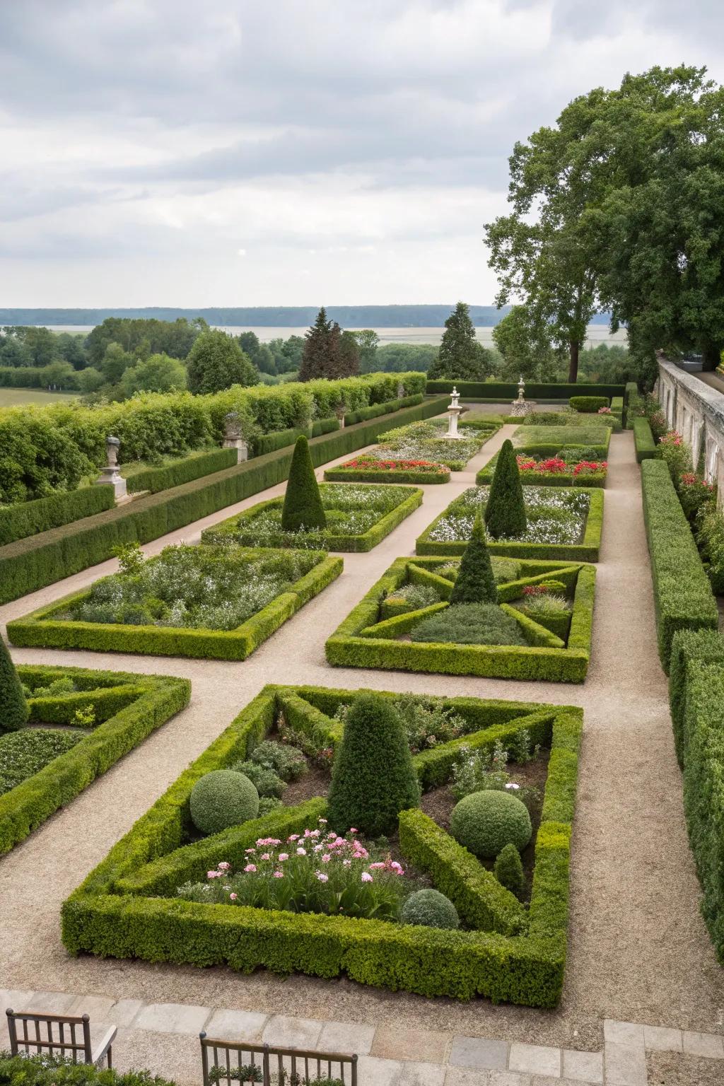 Even plant layouts foster a sense of order and sophistication in formal gardens.