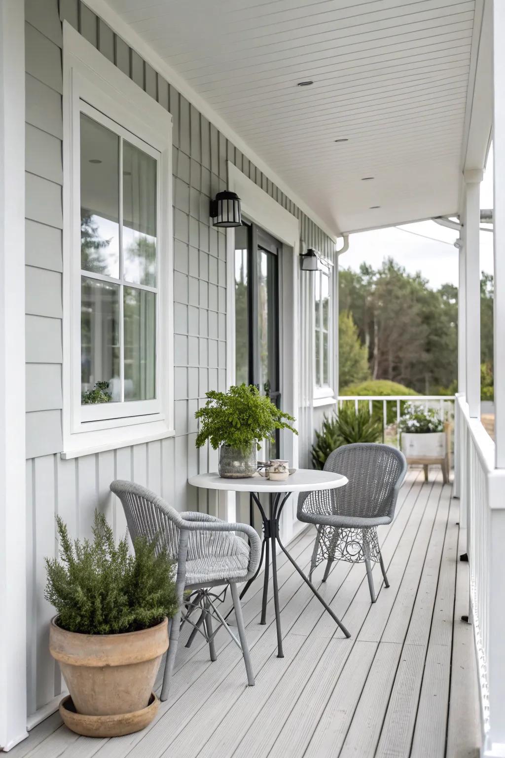 A modern porch using a neutral color scheme to create a simple, elegant look.