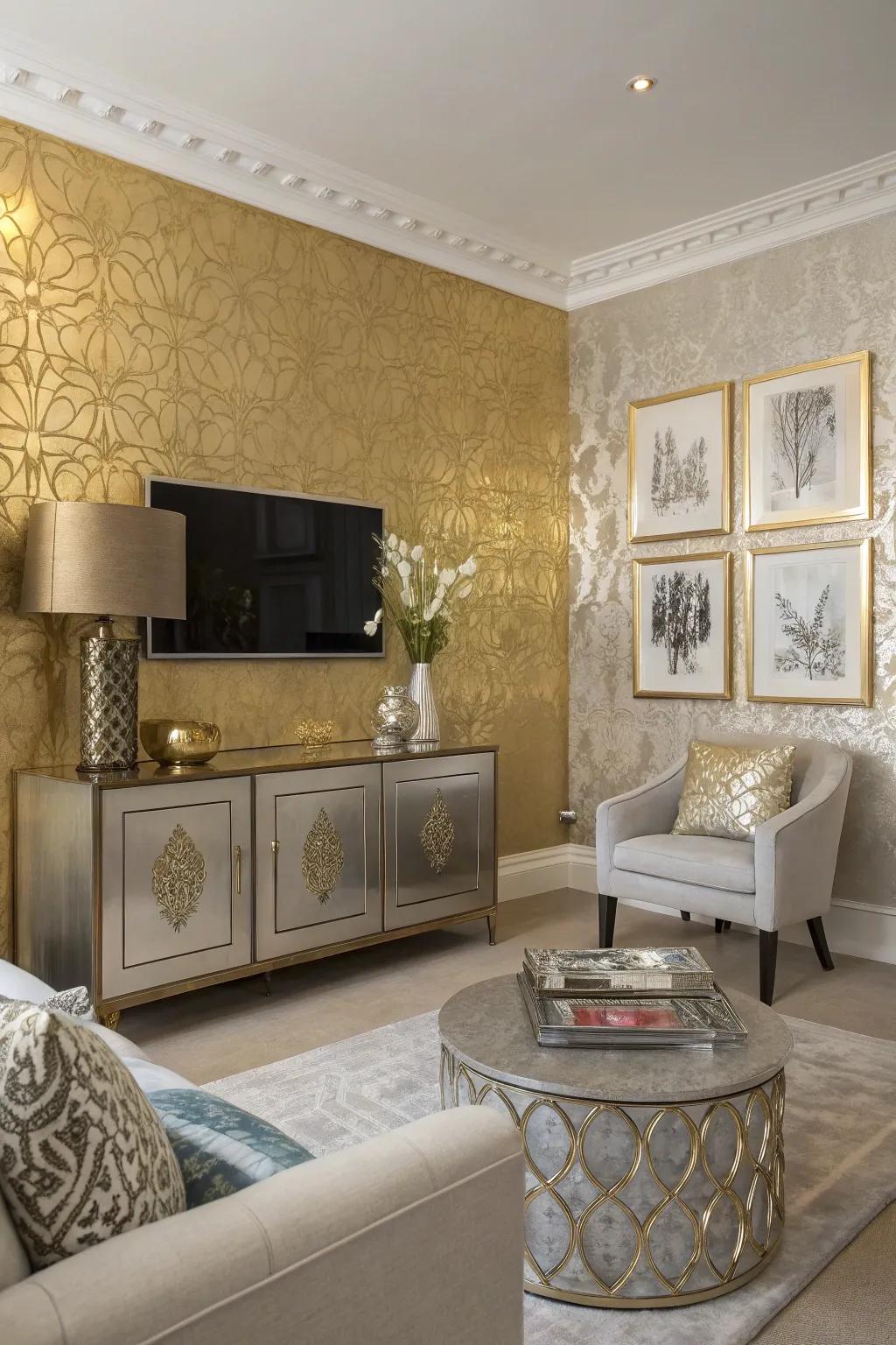 A stunning gold feature wall establishes an elegant tone for a luxurious living room.