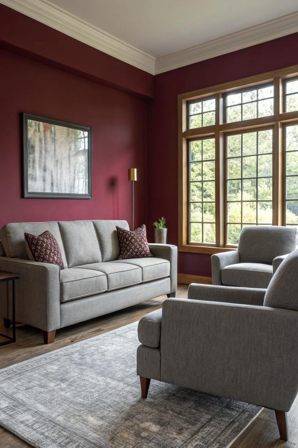 Living area showcasing a striking carmine accent wall paired with contemporary neutral toned furniture.