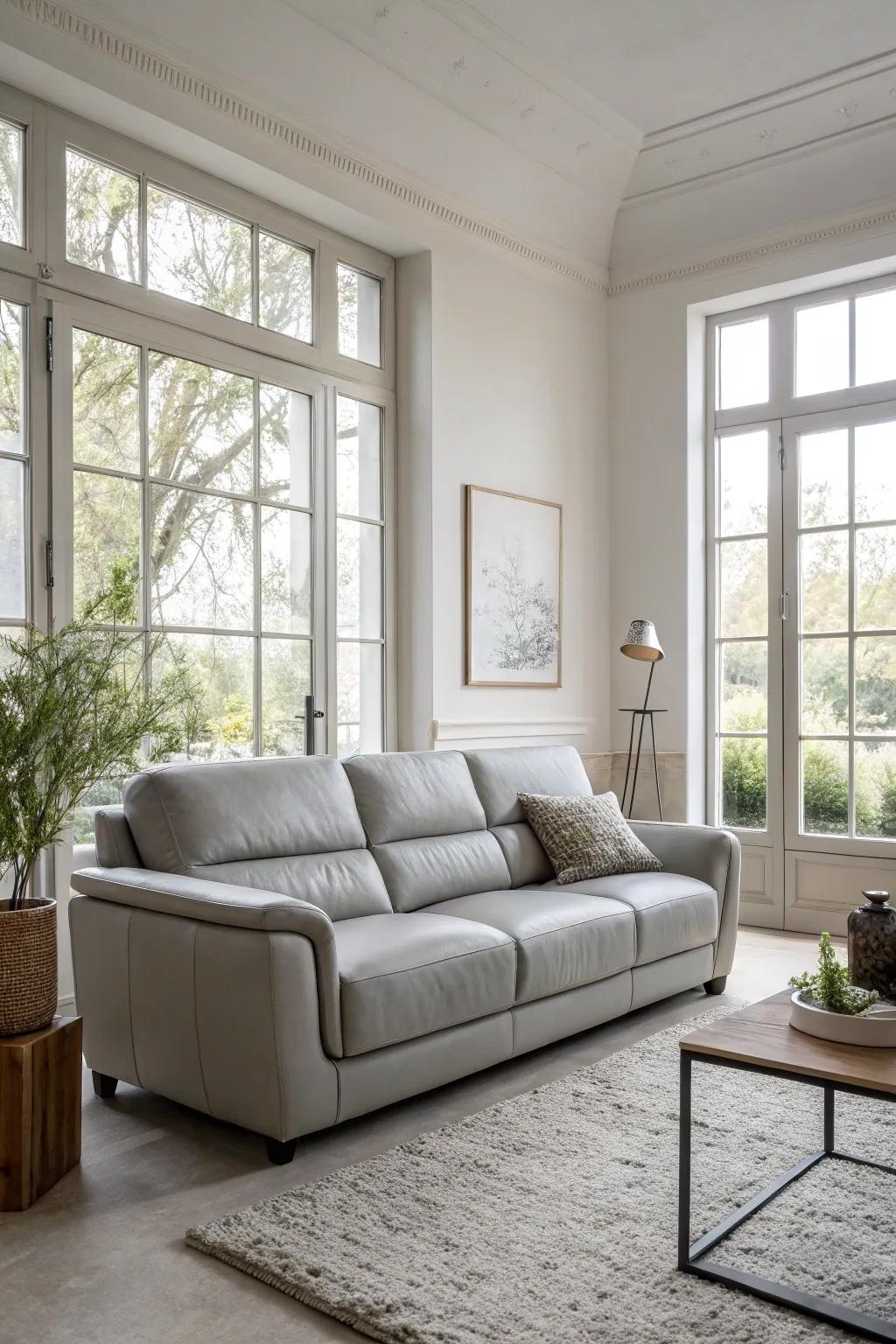 A refined arrangement featuring a grey hide settee facing broad windows.