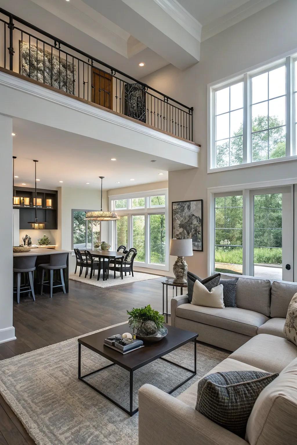 A contemporary open-concept living space where a half wall artfully creates distinct yet connected areas.