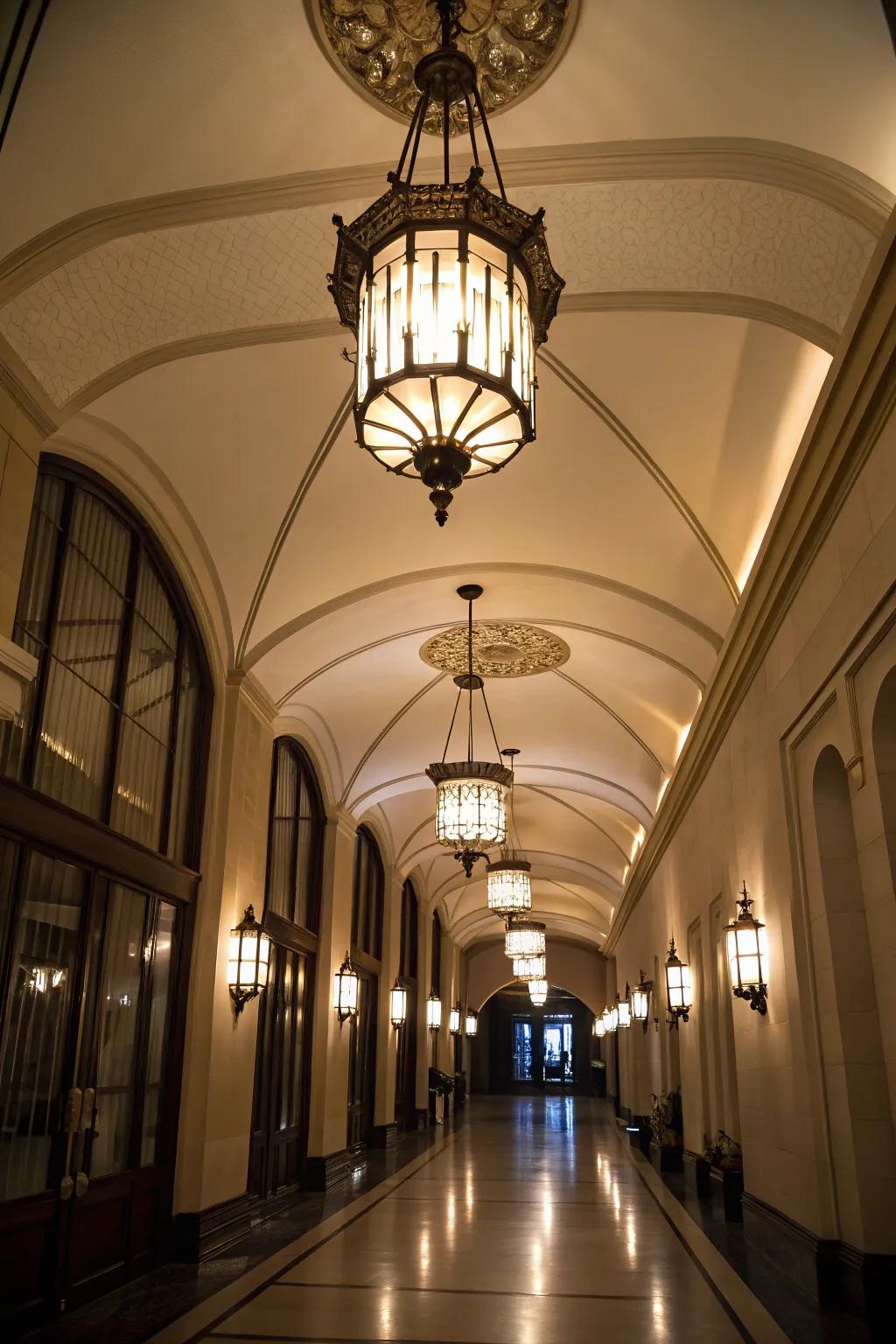 Pendant lights bring a touch of elegance to hallways with high ceilings.