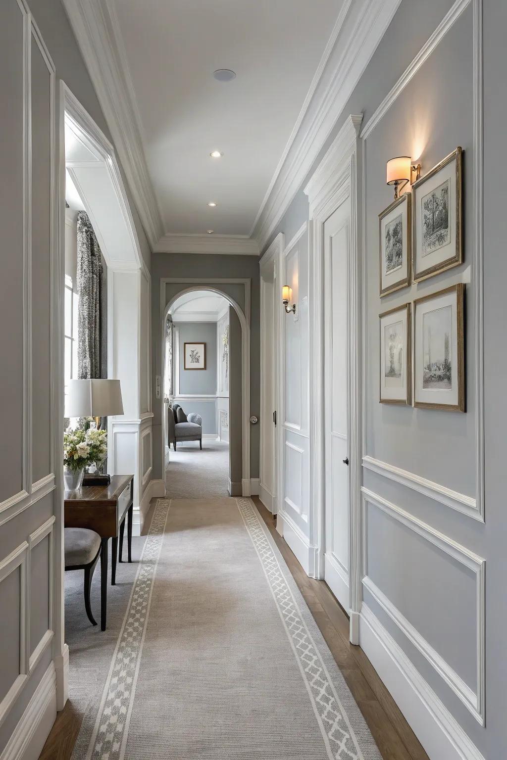 A hallway painted in soft gray offers a timeless and flexible aesthetic.