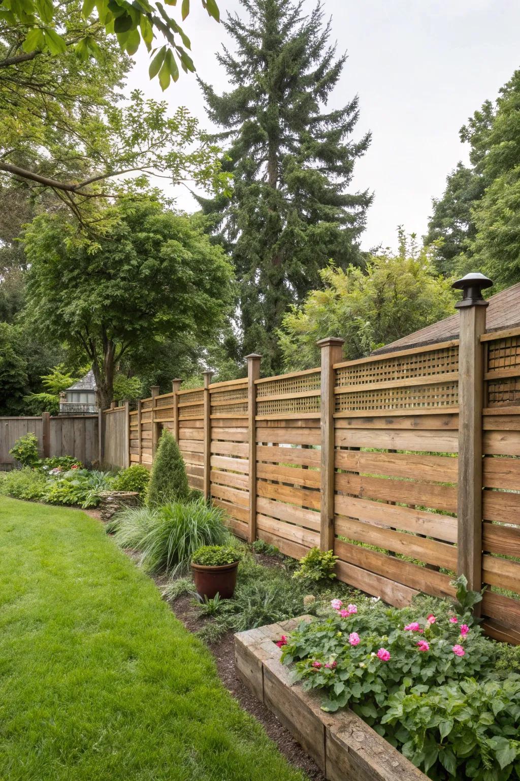 Appreciate the cozy refinement of a classic wooden horizontal fence.