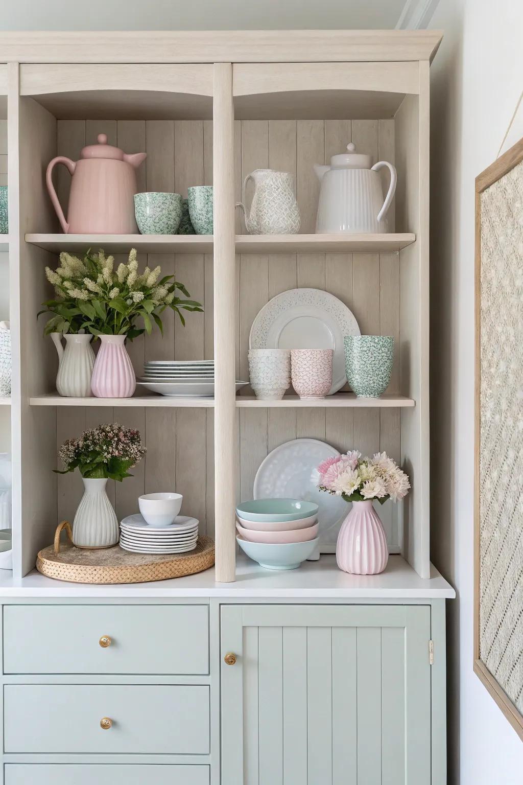 Soft, neutral and pastel shades provide a tranquil and chic display cabinet aesthetic.