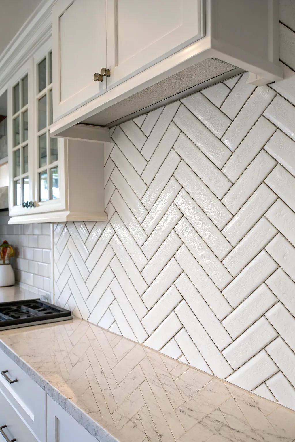 A contemporary interpretation of classic rectangular tiles with a herringbone arrangement.