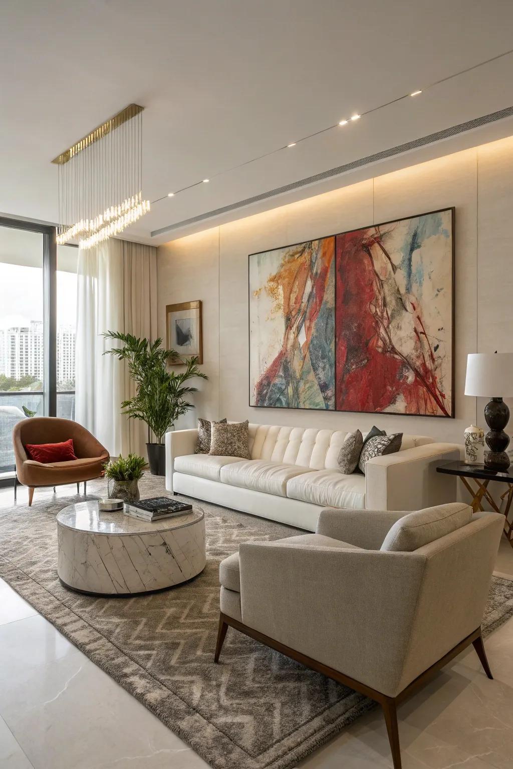 A prominent abstract piece acts as a dynamic point of interest in a contemporary living space.