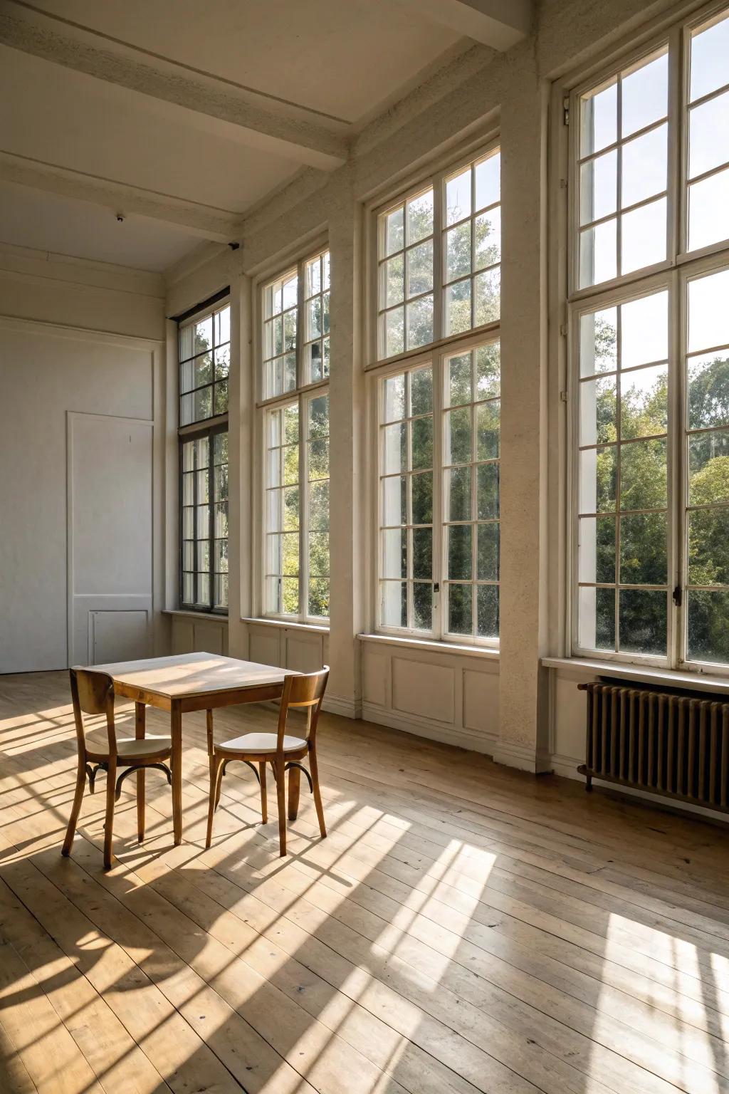 Sunlight cascading into a room featuring pale wood floors, resulting in an airy ambiance.
