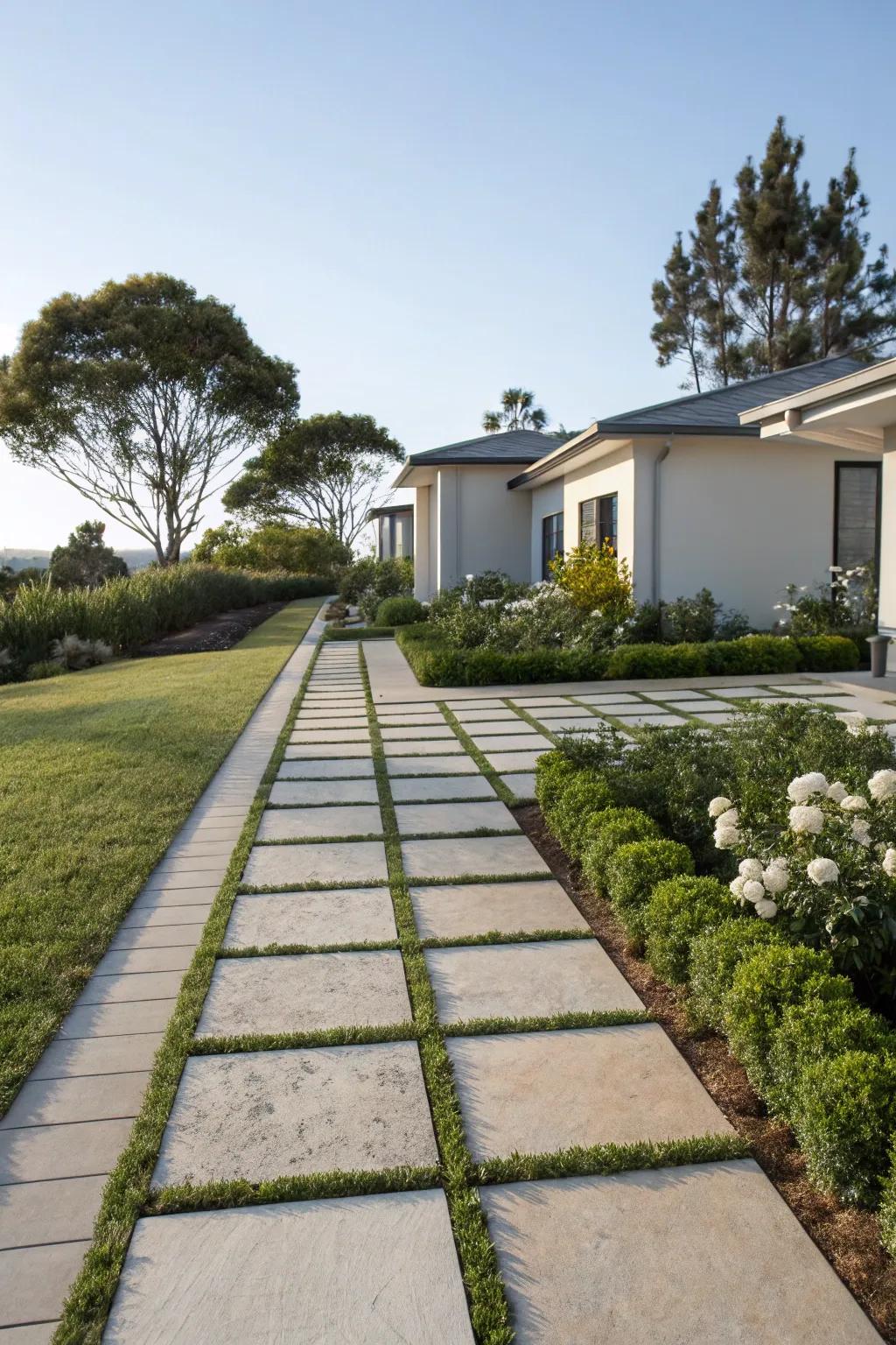 A modern front yard featuring large pavers that form a minimalist and uncluttered pathway.