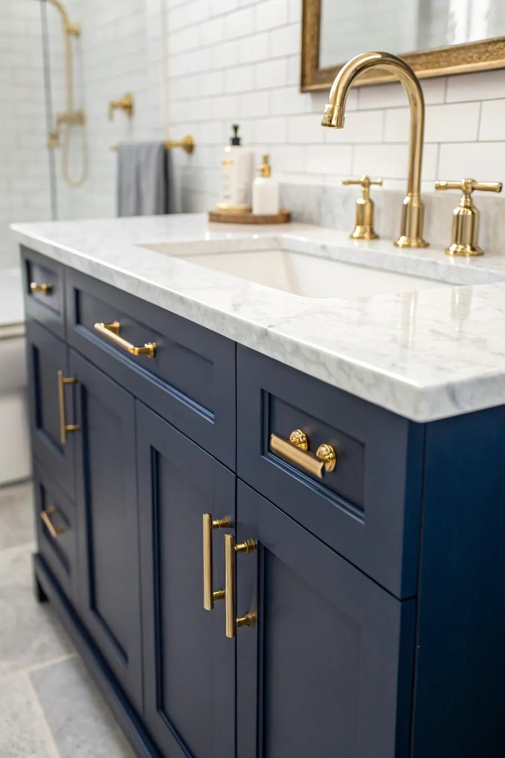 A deep sea vanity paired with golden fixtures crafts a captivating contrast.