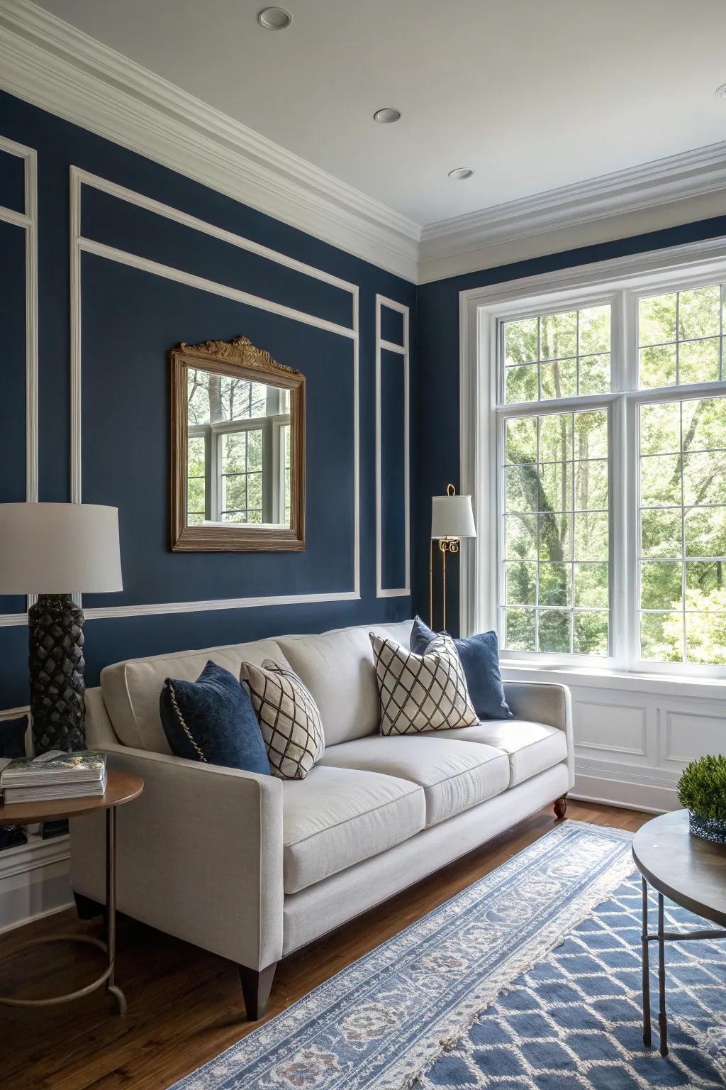 Dark blue walls create a stunning yet refined backdrop.