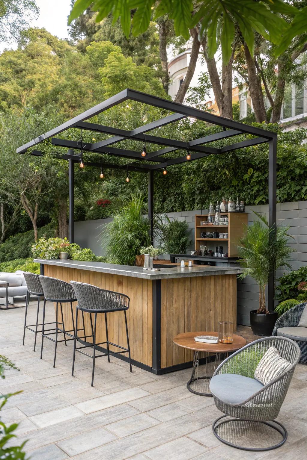 A modern outdoor bar crafted from metal and wood, presenting an industrial flair.