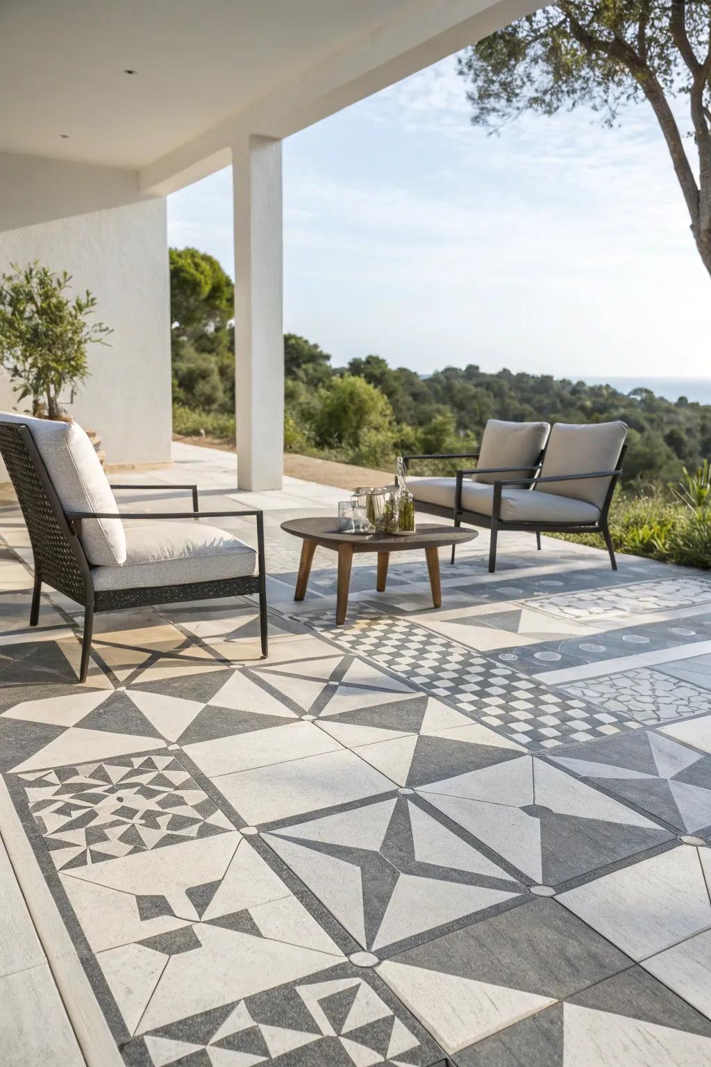 Geometric tiles introduce a contemporary feel to your patio.