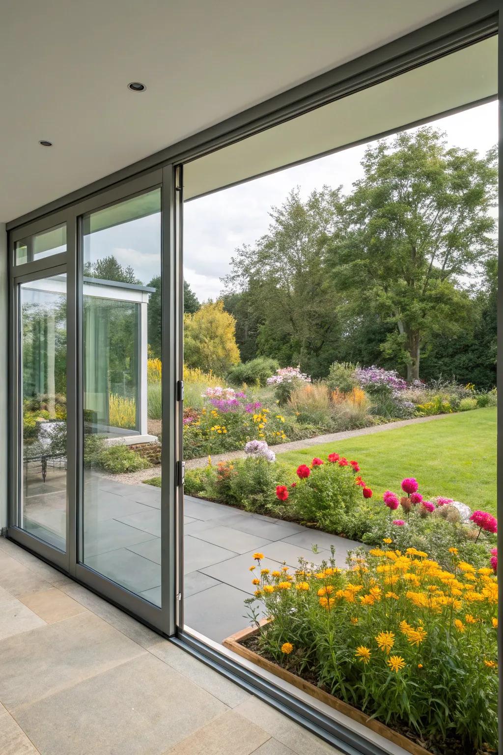 Full-wall glass entrances offering a panoramic garden view.