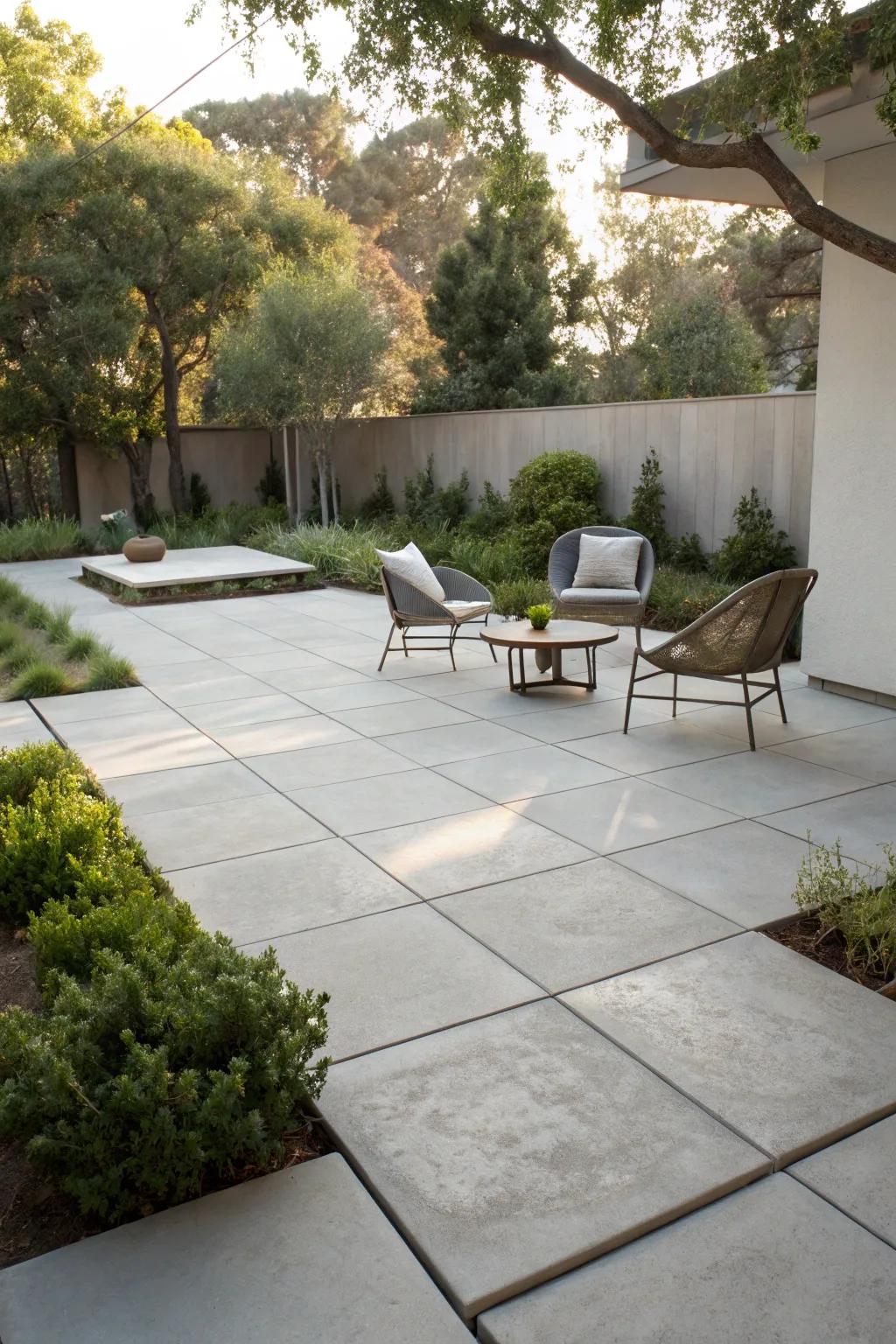 Elegant concrete flags establish a minimalist vibe for contemporary patios.