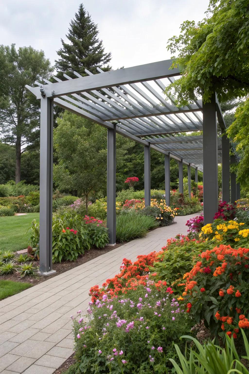 A streamlined metal pergola adds a modern element to your garden space.