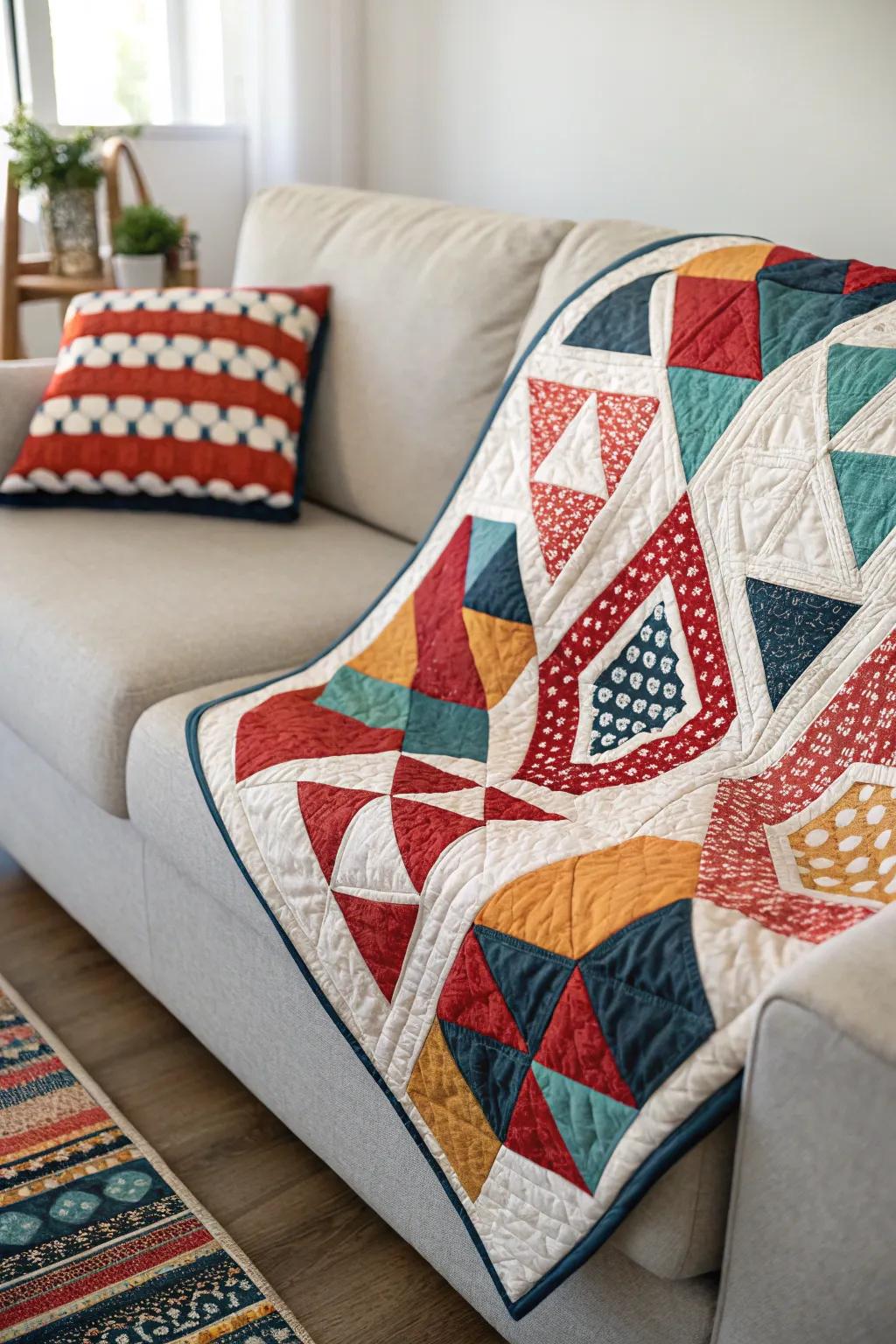 Geometric quilts introduce a vibrant and chic touch to contemporary living areas.