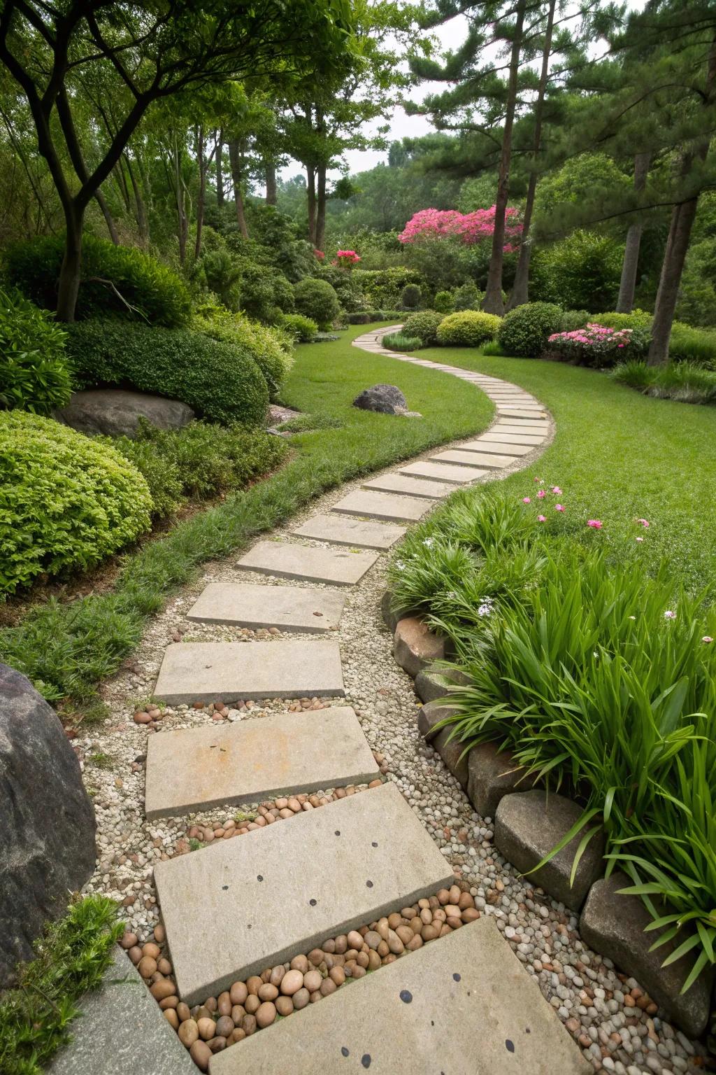 A peaceful stone walkway encourages exploration and relaxation.