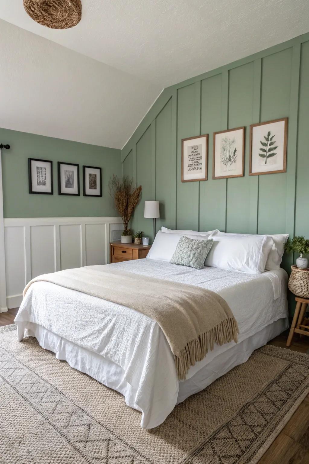 A sage green accent wall establishes a peaceful atmosphere in this up-to-date bedroom.