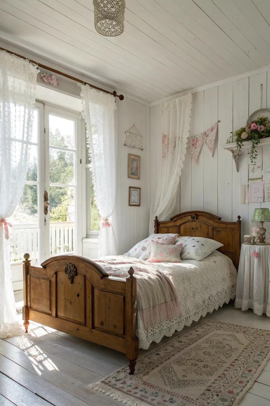 A shabby chic bedroom displaying a pristine white foundation, creating a tranquil atmosphere.