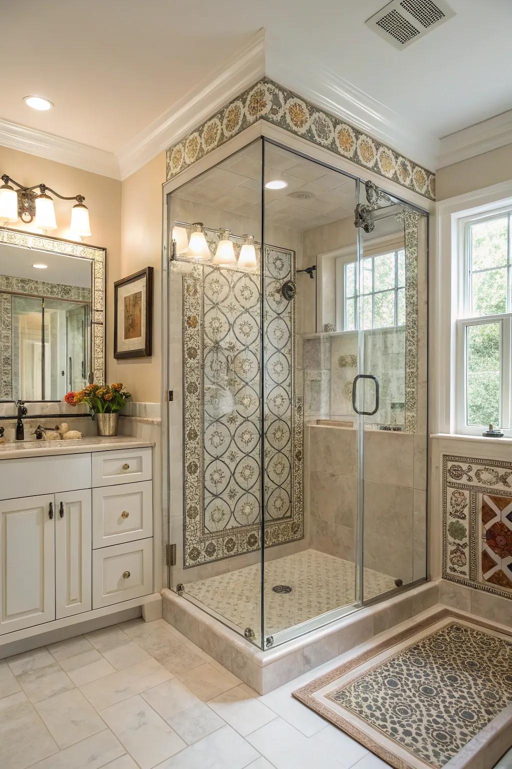 A shower enclosed in glass, highlighting elaborate tile work and ample natural illumination.