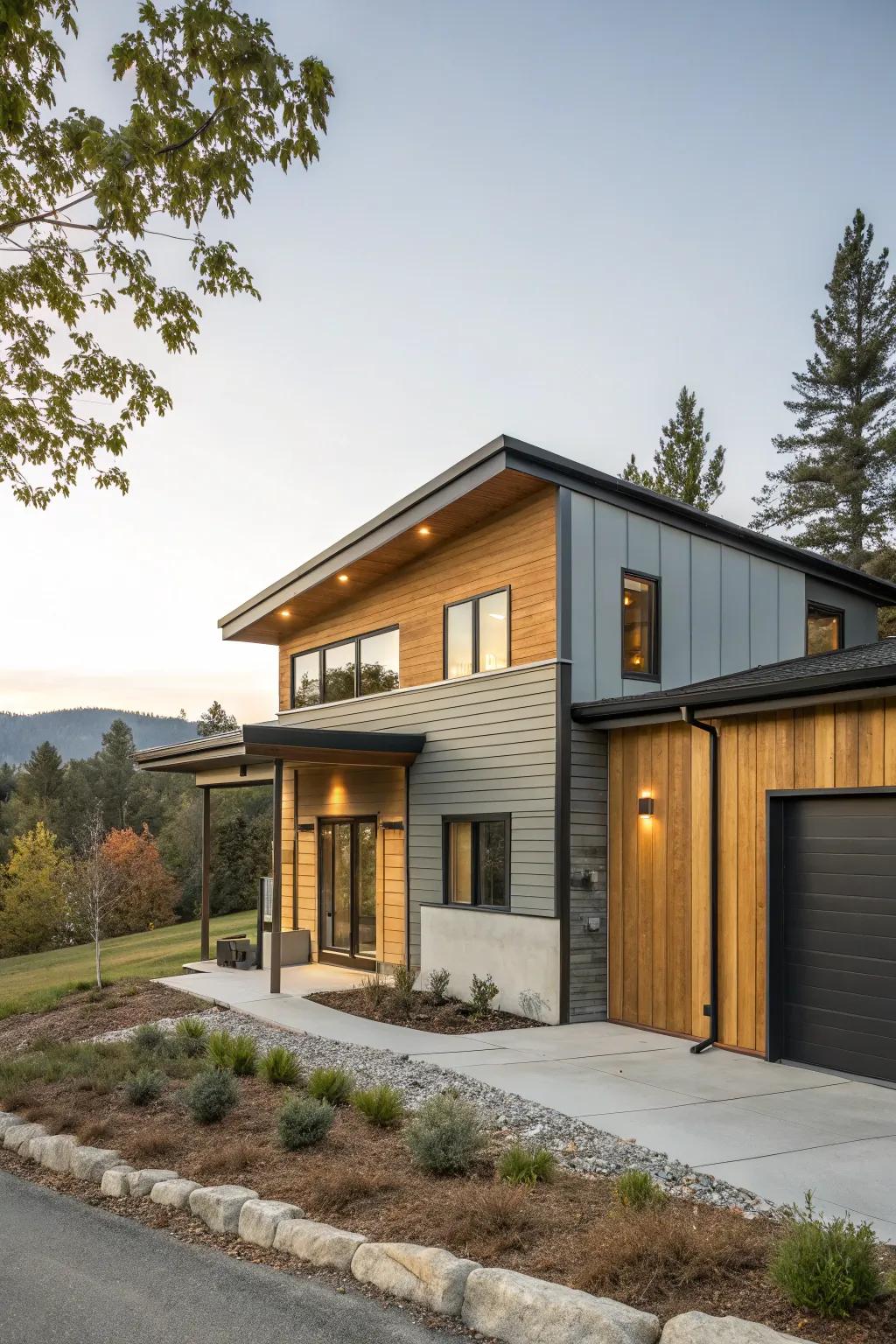 Combining materials offers a visually appealing and contemporary exterior.