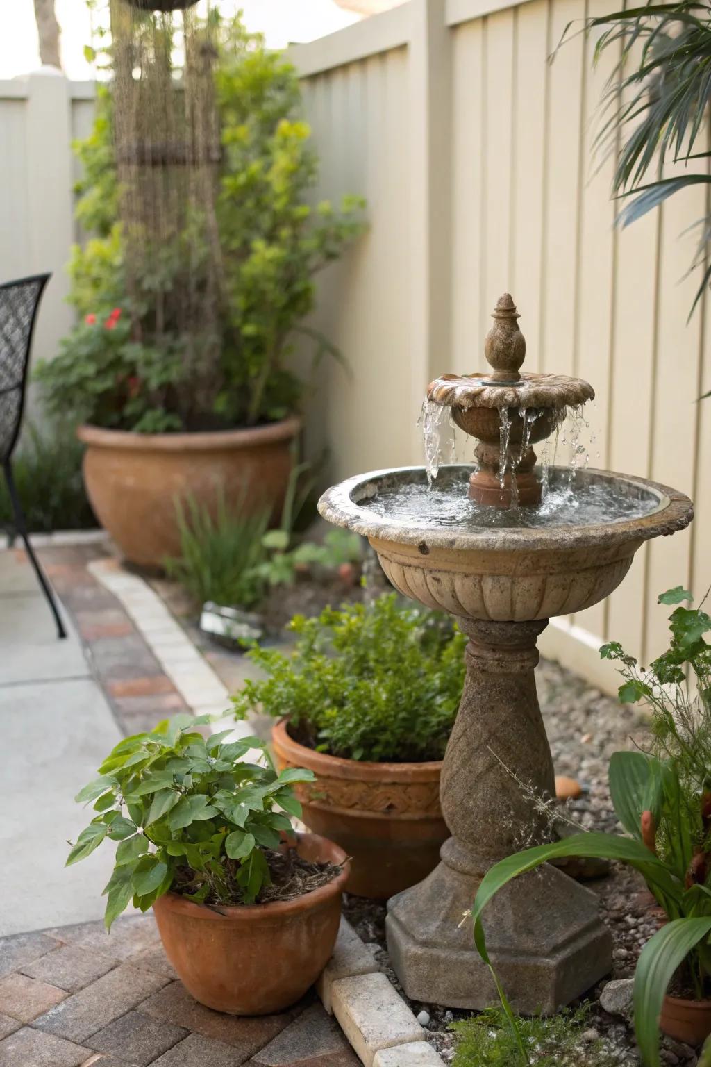 A Zen space showcases a tranquil water fountain and abundant greenery.